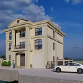 Two Story Beige Detached Villa With Symmetrical Design Porch Green Plants And White Car