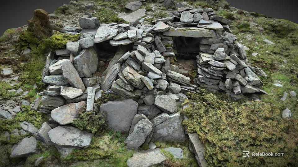 Ancient Stone Hut Structure With Stacked Stones Moss And Stone Doorway 3d model 