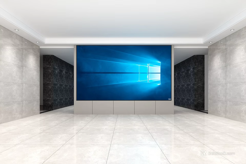 Service Hall Interior With Large Blue Screen Windows Logo White Marble Floor And Recessed Lights 3d model 