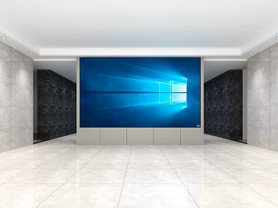 Service Hall Interior With Large Blue Screen Windows Logo White Marble Floor And Recessed Lights 3d model