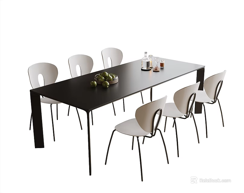 Black And White Dining Table With Chairs In Dining Room With Fruit And Bottle 3d model 