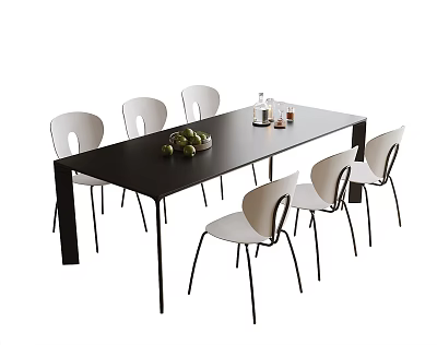 Black And White Dining Table With Chairs In Dining Room With Fruit And Bottle 3d model