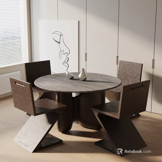 Modern Round Dining Table Set With Four Stylish Chairs And Abstract Art 3d model 