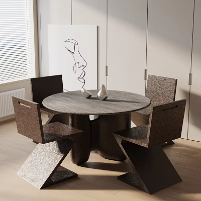 Modern Round Dining Table Set With Four Stylish Chairs And Abstract Art 3d model