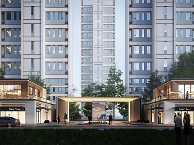 Entrance Gate of High-Rise Residential Community With Green Trees and Commercial Storefronts Around 3d model