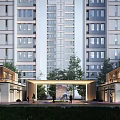 Entrance Gate of High-Rise Residential Community With Green Trees and Commercial Storefronts Around