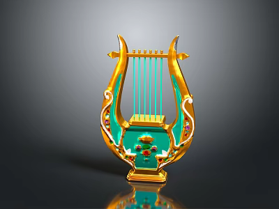 Decorative Lyre Musical Instrument With Golden Frame Green Panel And Intricate Patterns 3d model