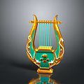 Decorative Lyre Musical Instrument With Golden Frame Green Panel And Intricate Patterns