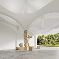 Modern Front Desk Reception Design With Arched Ceiling Wooden Geometric Decor And Green Plant