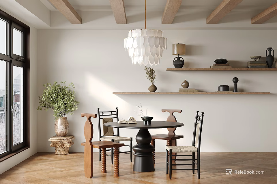 Elegant Restaurant Interior With Wooden Beams Chandelier Dining Table Plant And Decorative Shelves 3d model 