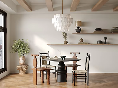 Elegant Restaurant Interior With Wooden Beams Chandelier Dining Table Plant And Decorative Shelves 3d model