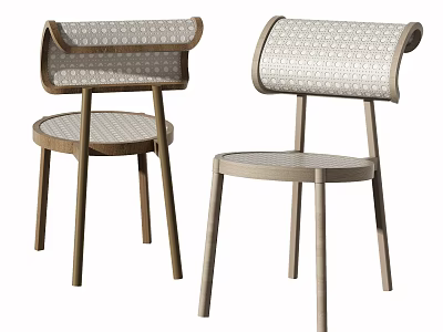 Set Of Modern Woven Dining Chairs With Wooden Legs And Curved Backrest Design 3d model