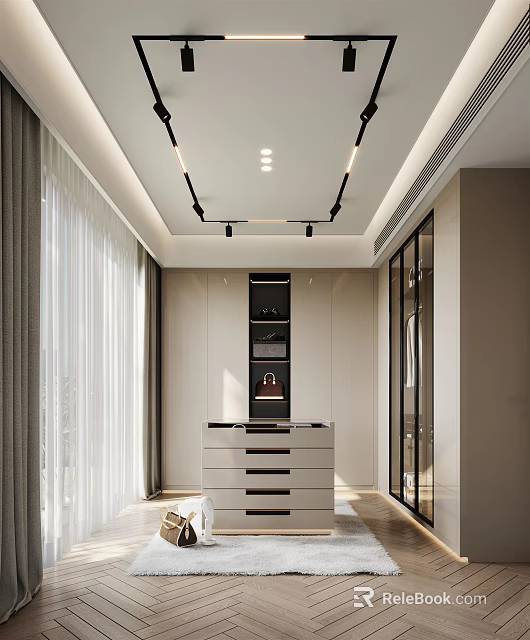 Modern Walk-in Closet Interior Design With Cabinets Drawers And Glass Doors 3d model 