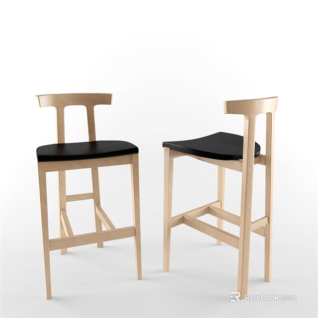 Modern Wooden Bar Stools With Black Cushioned Seats And Sturdy Frame Design 3d model 