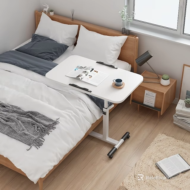 Functional Mobile Desk in Bedroom with Notebook Cup Pen and Wooden Floor 3d model 