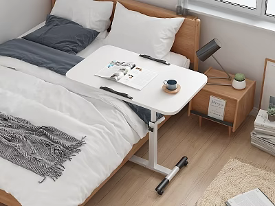 Functional Mobile Desk in Bedroom with Notebook Cup Pen and Wooden Floor 3d model