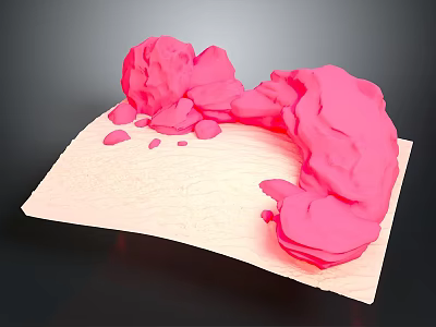 Cartoon Scene With Fluffy Pink 3D Shapes On Light Colored Platform Surface 3d model