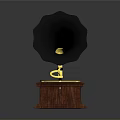 Classic Vintage Gramophone With Wooden Base Metal Horn And Turntable On Dark Background
