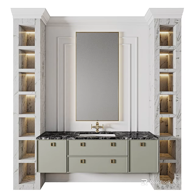 Luxury Bathroom Vanity Washbasin With Large Mirror Gold Frame Marble Countertop And Lighted Shelves 3d model 