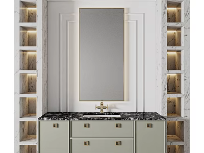 Luxury Bathroom Vanity Washbasin With Large Mirror Gold Frame Marble Countertop And Lighted Shelves 3d model
