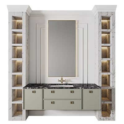 Luxury Bathroom Vanity Washbasin With Large Mirror Gold Frame Marble Countertop And Lighted Shelves 3d model