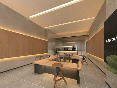 Stylish Modern Bubble Tea Shop Interior Design With Wooden Walls Long Tables And Green Plants 3d model