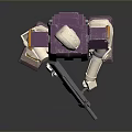 Detailed White And Purple Robot Model Holding Weapon On Black Reflective Surface