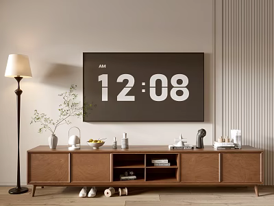 Modern Wooden TV Stand with Decorative Items Floor Lamp and Wall Mounted Screen 3d model