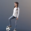 Child with Braided Pigtails Wearing White Long Sleeve Shirt Blue Jeans Sneakers Against Gray Background