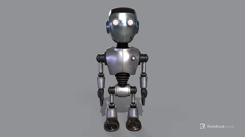 Game Movie Robot Character With Silver Metallic Body Round Glowing Eyes And Mechanical Joints 3d model 