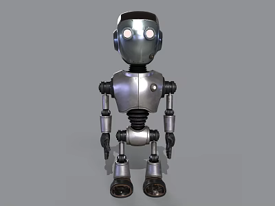 Game Movie Robot Character With Silver Metallic Body Round Glowing Eyes And Mechanical Joints 3d model