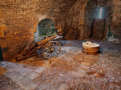 Cartoon Scene of Stone Room with Archway Old Cannon Cart Wooden Ladder and Barrel 3d model