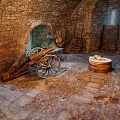 Cartoon Scene of Stone Room with Archway Old Cannon Cart Wooden Ladder and Barrel