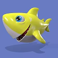 Yellow Cartoon Shark With Big Blue Eyes Open Mouth Friendly Look On Blue Background