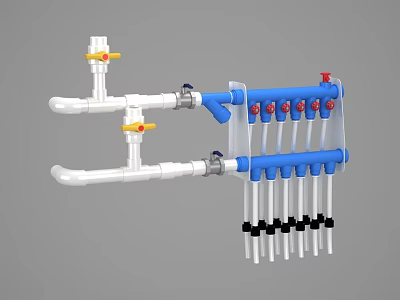Kitchen Plumbing Fixtures Featuring White Blue Pipes Yellow Red Valves And Manifold 3d model