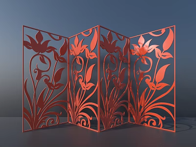 Red Folding Room Divider With Laser Cut Floral Patterns And Multi Panel Design 3d model