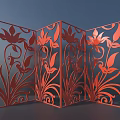 Red Folding Room Divider With Laser Cut Floral Patterns And Multi Panel Design 3d model