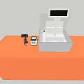 Modern Reception Desk With Orange Countertop POS Machine Screen Interface And Payment Devices