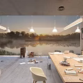 Spacious Public Office Space With Wooden Tables Hanging Lights Lake Sunset View And Large Windows