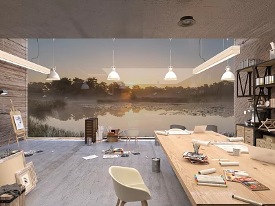 Spacious Public Office Space With Wooden Tables Hanging Lights Lake Sunset View And Large Windows 3d model