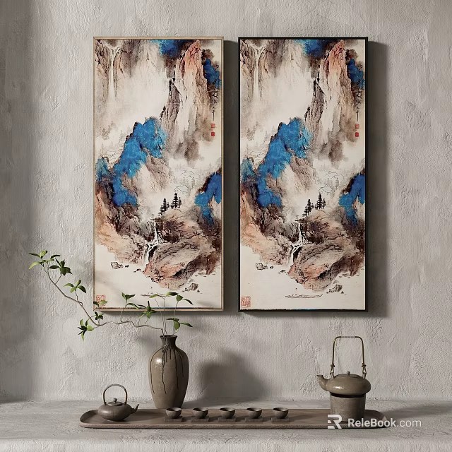 Two Chinese Landscape Paintings With Blue Brown Mountains Streams And Pathways On Interior Wall 3d model