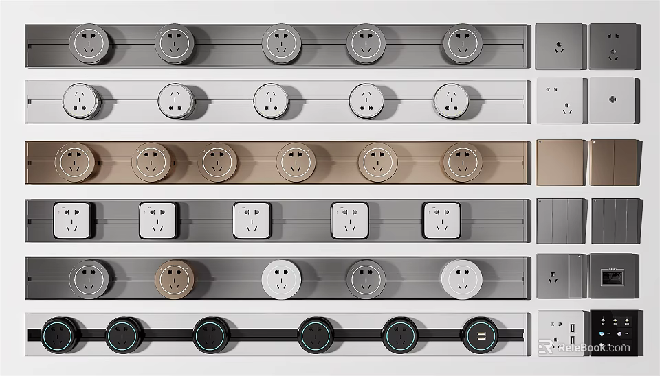 Multiple Colored Switch Panels With Diverse Socket And Button Designs For Home Interior 3d model 