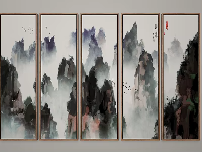 Five Panel Ink Wash Chinese Landscape Painting with Misty Mountains and Flying Birds 3d model