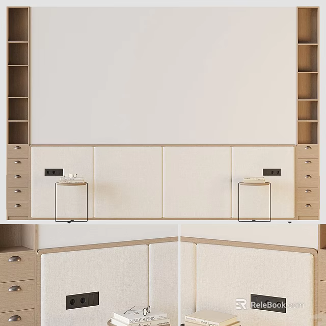 Modern Bed Background Wall Interior Design With Symmetric Cabinets And Soft Lighting 3d model