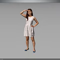 Woman in White Dress Posing with Hand on Forehead and Blue Shoes Against Gray Background