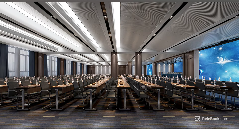 Modern Conference Room Interior With Long Tables Chairs Ceiling Lights And Windows 3d model 