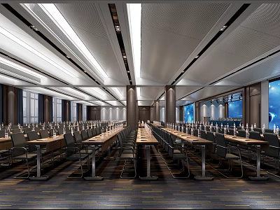 Modern Conference Room Interior With Long Tables Chairs Ceiling Lights And Windows 3d model