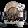 Assorted Kitchen Utensils Featuring Plates Jars Cutting Boards Spoons And Wine Glasses