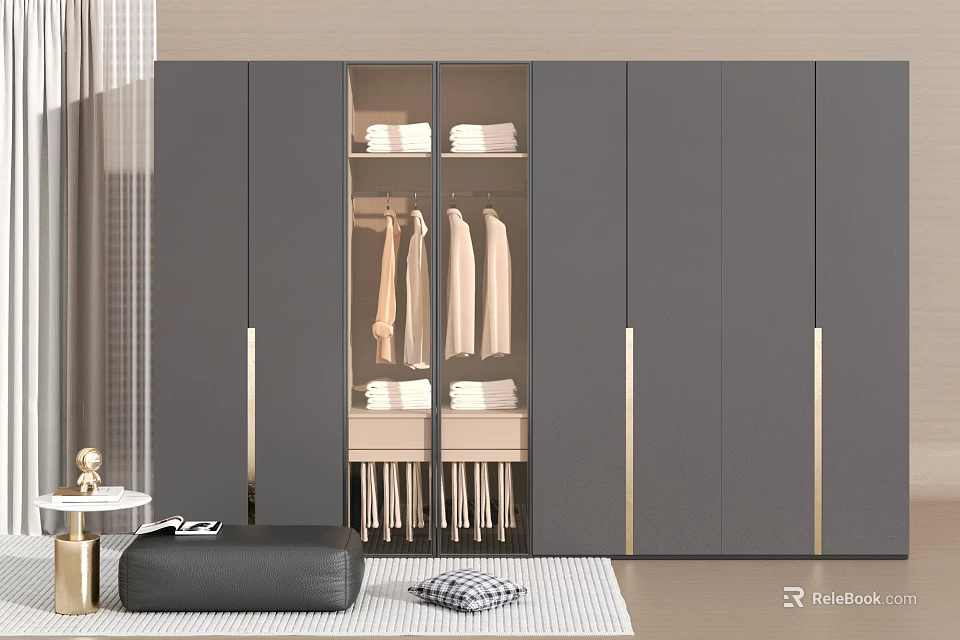 Modern Wardrobe With Gray Cabinets Glass Door And Gold Handles For Bedroom Storage 3d model 