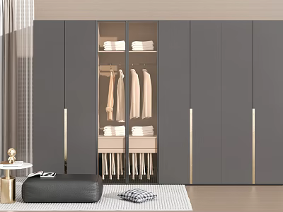 Modern Wardrobe With Gray Cabinets Glass Door And Gold Handles For Bedroom Storage 3d model